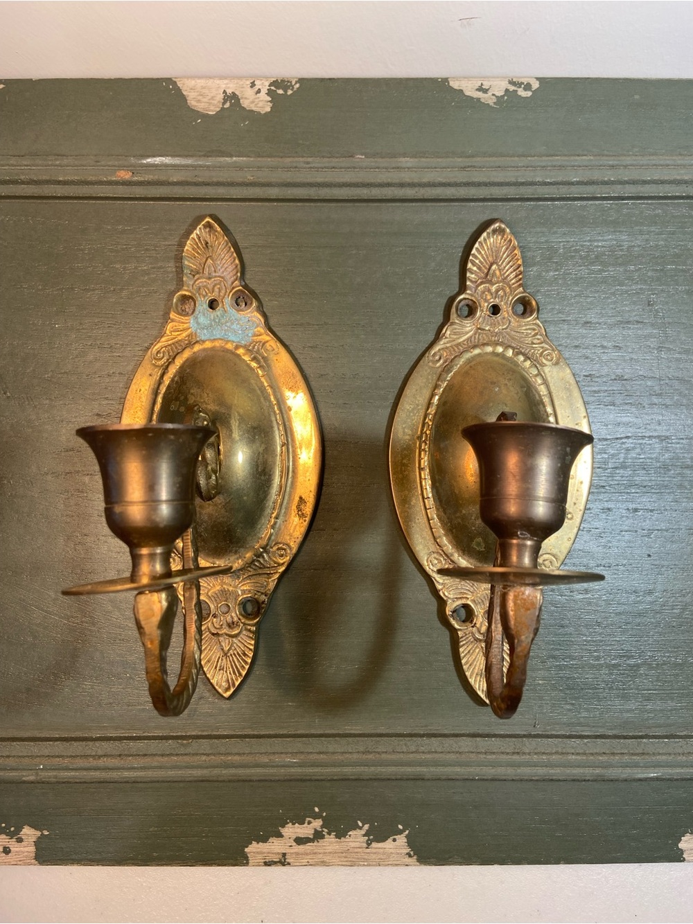 Set of 2 Antique-Style Brass Wall Sconce Candle Holders - Pair